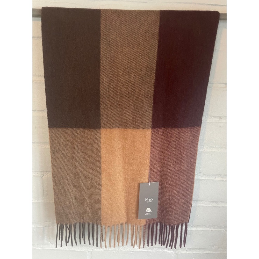 M S Mens Camel Mix Plaid Wool Blend Scarf Fringed Winter Fall Warm Accessory NEW